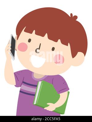 Illustration of a Kid Boy Student Holding a Book and a Mobile Phone Inviting Friends to Do Schoolwork Stock Photo