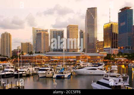 City skyline, Bayside Shopping Mall and Marina at Downtown Miami, Florida, United States Stock Photo