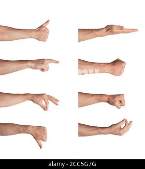 Collage with male hands showing different gestures on white background, isolated Stock Photo