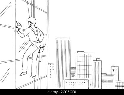 Industrial climber washing windows skyscraper graphic black white cityscape sketch illustration vector Stock Vector