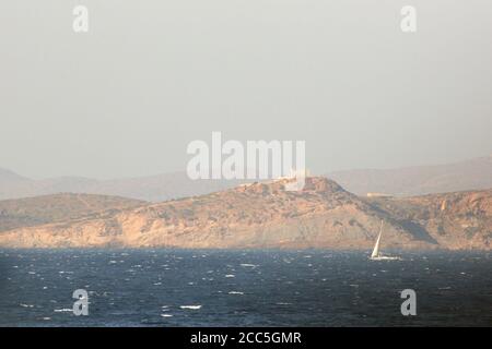 View of Sounion archaeological site from the sea Stock Photo