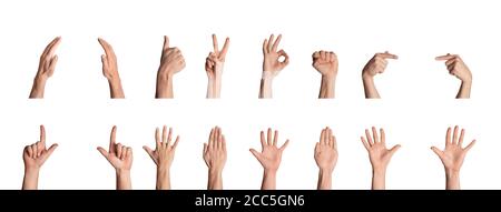 Collage of various hand gestures and signs, isolated on white background Stock Photo