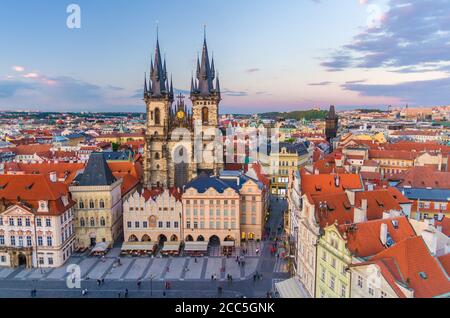 Top aerial view of Prague Old Town Square Stare Mesto historical city centre. Former market square. Stone Bell House, Gothic Church of Our Lady before Tyn, evening view. Bohemia, Czech Republic Stock Photo