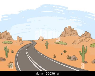 Prairie road graphic color landscape sketch illustration vector Stock Vector