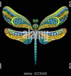 Dragonfly coloring book for adults vector illustration isolated on red. Anti-stress coloring. Tangle style. For adult coloring, T Shirt, design, print Stock Vector