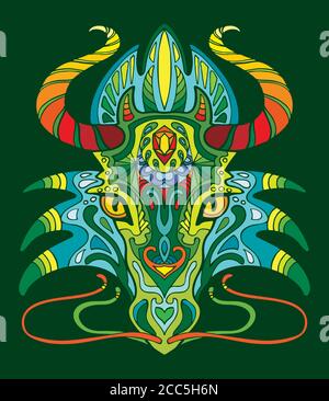 Dragon coloring book for adults vector illustration isolated on green. Anti-stress coloring. Tangle style. For adult coloring, T Shirt, design, print. Stock Vector