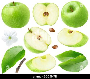Isolated green apples. Collection of whole and cut  green apples, leaves and flower isolated on white background Stock Photo