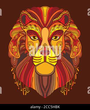 Lion coloring book for adults vector illustration isolated on red. Anti-stress coloring. Tangle style. For adult coloring, T Shirt, design, print. Stock Vector