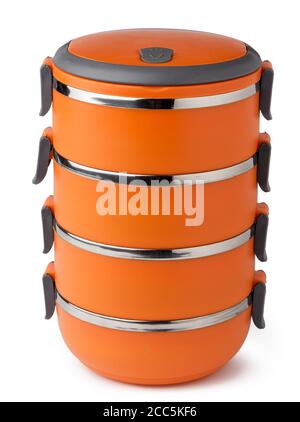 Orange plastic tiffin container on white background Stock Photo
