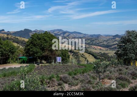 Mountainous Cunha landscape in early morning saw from 'O Lavandario', a famous tourist attraction known by his lavender fields and derivative products Stock Photo