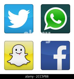 Twitter Whatsapp Snapchat Facebook icon logo app bitton sign Stock Photo