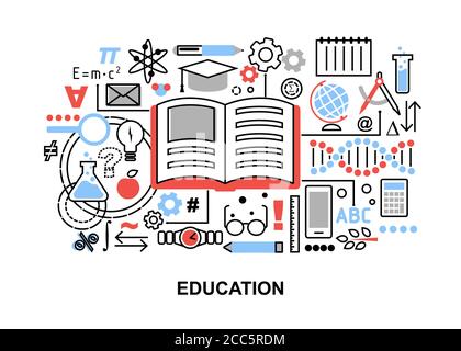 Modern flat thin line design vector illustration, concept of education process, learning in educational institution and items of study equipment, for Stock Vector