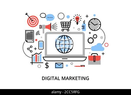 Modern flat thin line design vector illustration, concept of digital marketing, internet marketing idea and new market trends analysis for graphic and Stock Vector
