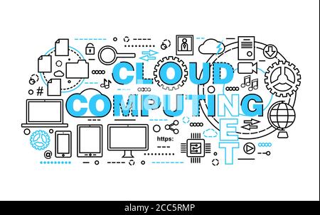 Modern flat thin line design vector illustration, concept of cloud computing technologies, protect computer networks and remote data storage, for grap Stock Vector
