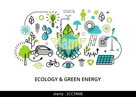 Modern flat thin line design vector illustration, infographic concept of ecology problem, generation and saving green energy  for graphic and web desi Stock Vector