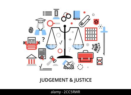 Modern flat thin line design vector illustration, concepts of judgment process, protection of human rights and ordinances of justice, for graphic and Stock Vector