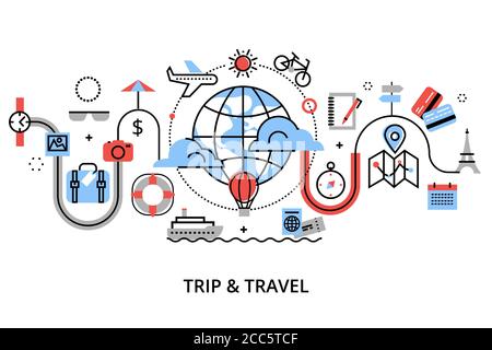 Modern flat thin line design vector illustration, concept of travelling around the world, journey and trip to other countries, for graphic and web des Stock Vector