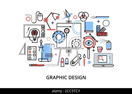 Modern flat thin line design vector illustration, infographic concept of graphic design, designer items and tools, and design development process, for Stock Vector