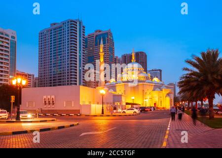 The Al Noor Mosque is a main mosque located on the Khaled lagoon at the Buhaira Corniche in Sharjah city, UAE Stock Photo