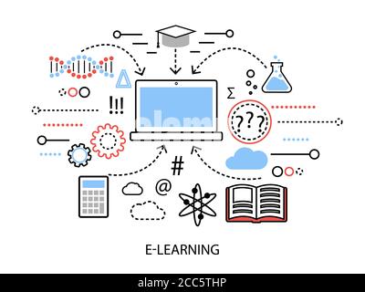 Modern flat thin line design vector illustration, infographic concept of internet learning process and computer technologies in study, for graphic and Stock Vector