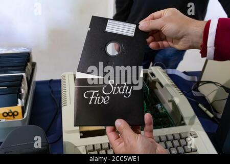 ROME, ITALY - APRIL 27, 2019: 5.25 floppy disk produced by Office Data Products exhibited at the Vintage Computer Festival Italy. Stock Photo