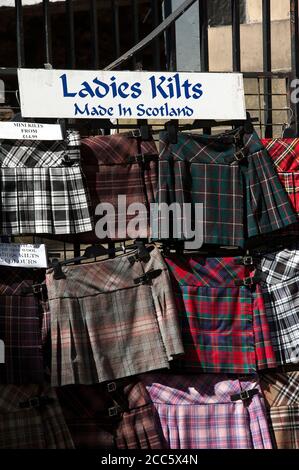 Kilts for sale outside a gift shop on the Royal Mile in the City of Edinburgh, Scotland. Stock Photo