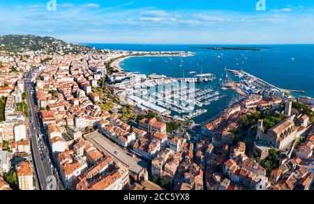 Cannes aerial panoramic view. Cannes is a city located on the French Riviera or Cote d'Azur in France. Stock Photo