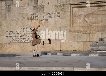 Athens, Greece. Changing of Presidential guard Evzones by the Greek tomb of Unknown Soldier. Famous daily ceremony, patriotic, pride.  Stock Photo