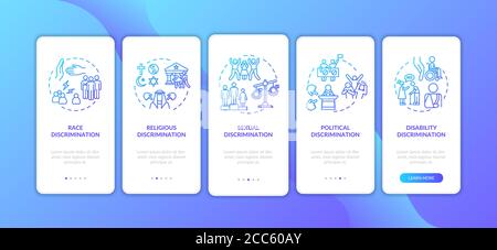 Discrimination types onboarding mobile app page screen with concepts Stock Vector
