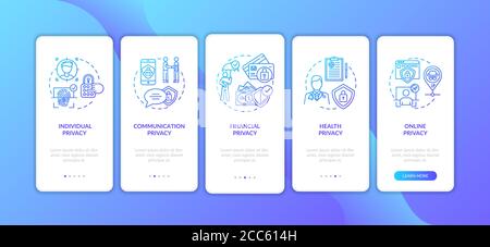 Privacy types onboarding mobile app page screen with concepts Stock Vector