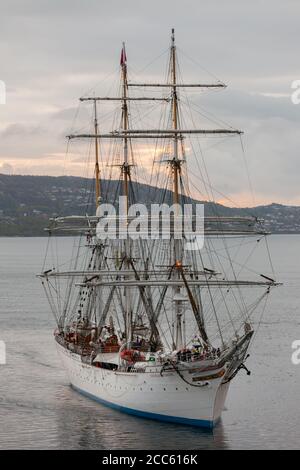 BERGEN NORWAY - 2015 MAY 28. Tall Ship Christian Radich from Norway enter the port of Bergen. Stock Photo