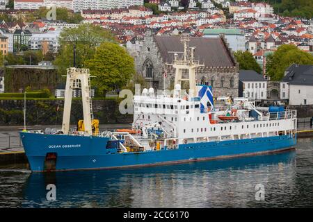 BERGEN NORWAY - 2015 MAY 28. Ocean Observer moored at the quay in Bergen port. Stock Photo