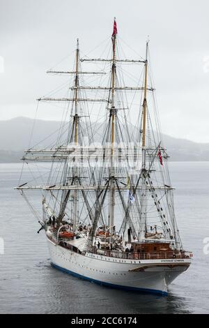 BERGEN NORWAY - 2015 MAY 28. Tall Ship Christian Radich from Norway inside the fjord of Norway. Stock Photo