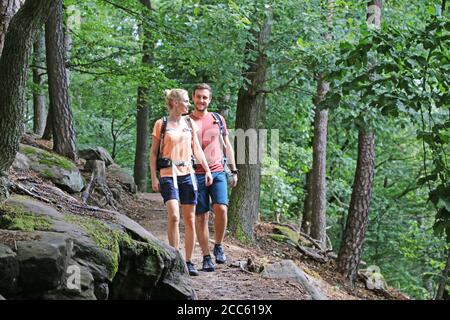 Young couple hiking in the Palatinate forest (Pälzerwald), Germany Stock Photo