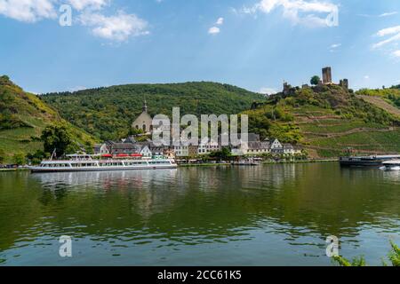 Moselle valley, the wine village Beilstein, Metternich castle, excursion boat, Germany Stock Photo