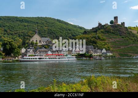 Moselle valley, the wine village Beilstein, Metternich castle, excursion boat, Germany Stock Photo