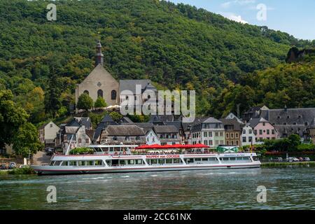 Moselle valley, the wine village Beilstein, Metternich castle, excursion boat, Germany Stock Photo