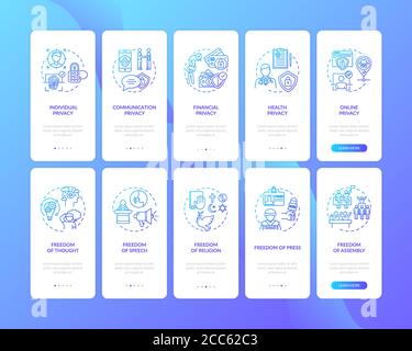 Human freedoms and privacy onboarding mobile app page screen with concepts set Stock Vector