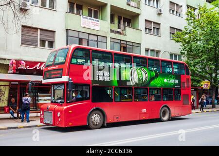 SKOPJE, MACEDONIA - MAY 31, 2013: Double decker red bus designed for Skopje city public transportation, North Macedonia Stock Photo