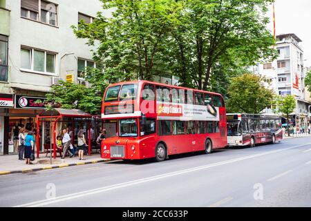 SKOPJE, MACEDONIA - MAY 31, 2013: Double decker red bus designed for Skopje city public transportation, North Macedonia Stock Photo