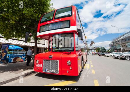 SKOPJE, MACEDONIA - MAY 31, 2013: Double decker red bus designed for Skopje city public transportation, North Macedonia Stock Photo