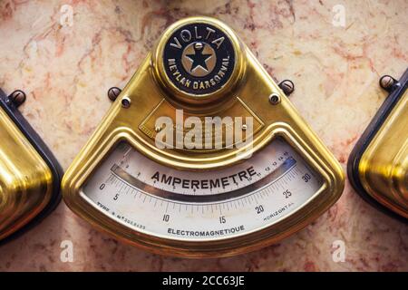 LISBON, PORTUGAL - JUNE 25, 2014:Vintage retro ammeter or ammeter device at the Tejo Power Station Electricity Museum in Lisbon city, Portugal Stock Photo
