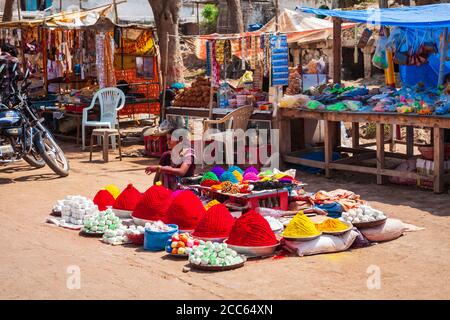 HAMPI, INDIA - FEBRUARY 21, 2012: Holi powder colors at the local market in India Stock Photo