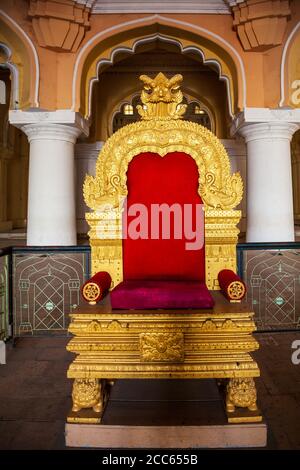 MADURAI, INDIA - MARCH 23, 2012: King throne inside the Thirumalai Nayak Palace in Madurai city in Tamil Nadu in India Stock Photo