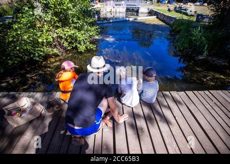 06 August 2020, Mecklenburg-Western Pomerania, Fleether Mühle: Children watch fish in the water on a wooden jetty on the Vilzsee near the Fleether Mühle. Thousands of holidaymakers are currently travelling in the Mecklenburg Lake District by boat, bicycle or on foot. Photo: Jens Büttner/dpa-Zentralbild/ZB Stock Photo