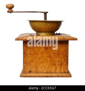 Antique aged manual wooden coffee grinder, isolated on white background Stock Photo