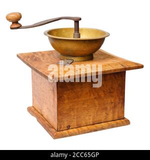 Antique aged manual wooden coffee grinder, isolated on white background Stock Photo
