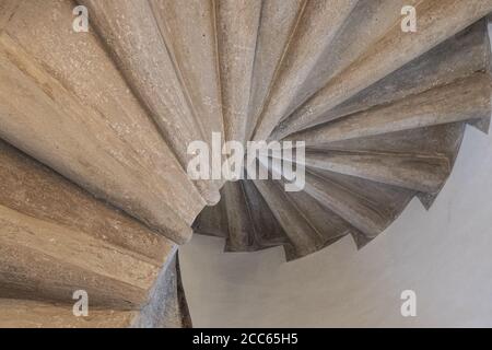 Graz, Austria. August 2020.  detail of the double helical spiral staircase built in 1499 located in the inner courtyard of the palaces of the former i