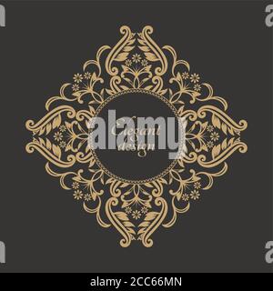 Square arabic pattern. Rhombus baroque ornament. Vintage frame. Greeting card. Wedding invitation. Retro style. Vector logo template, labels and badge Stock Vector