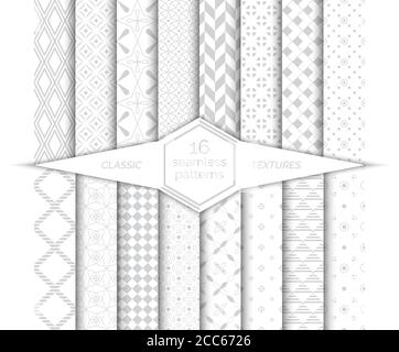 Big set of vector seamless patterns. Modern stylish geometric textures. Regularly repeating geometrical backgrounds with different shapes. Trendy grap Stock Vector